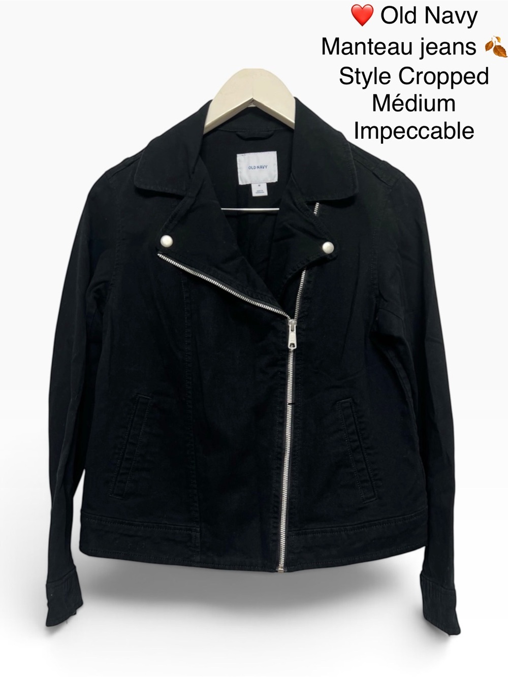 Old Navy Black Cropped Jean Jacket with Asymmetrical Zip